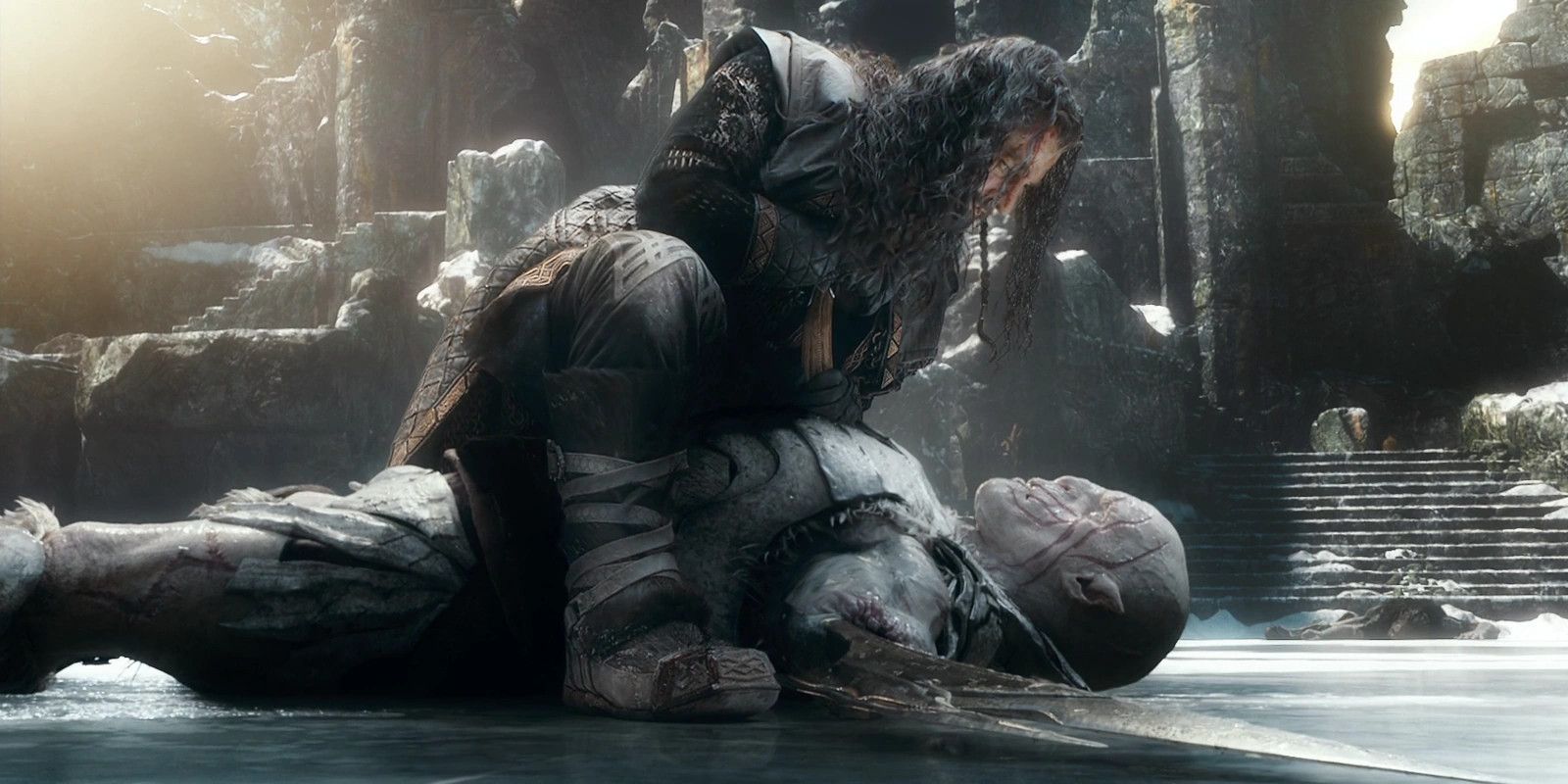 Thorin stabbing Azog in The Hobbit: The Battle of the Five Armies.