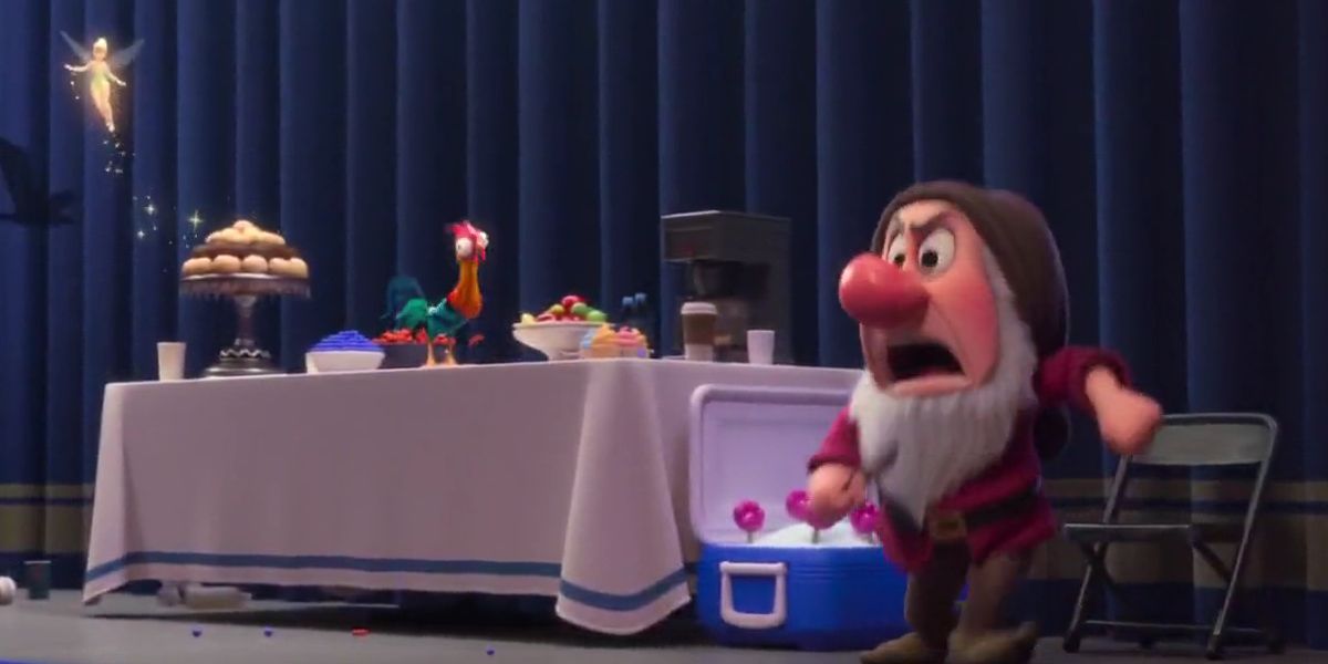 Grumpy is yelling while Hei Hei is eating at a catering table and Tinkerbell is flying away in Ralph Breaks the Internet