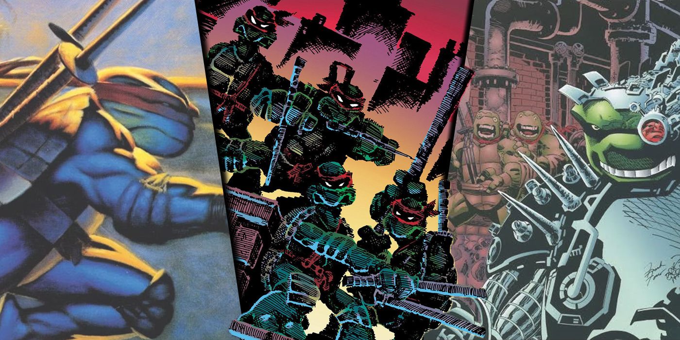 Split image of covers from volumes of TMNT by Mirage Studios