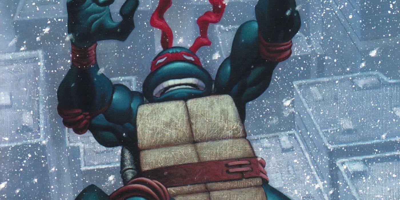 A Ninja Turtle falling on the cover for TMNT Vol. 4 #2.