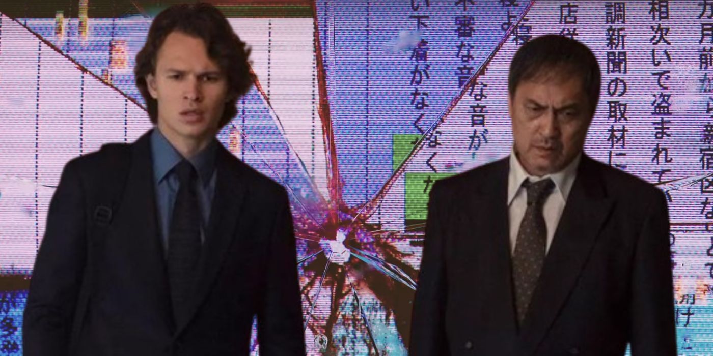 Jake and Katagiri against a backdrop from Tokyo Vice's opening credits. 