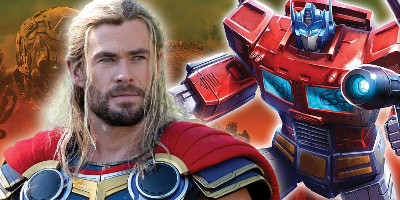 A composite image featuring Chris Hemsworth's Thor and Transformers character Optimus Prime.