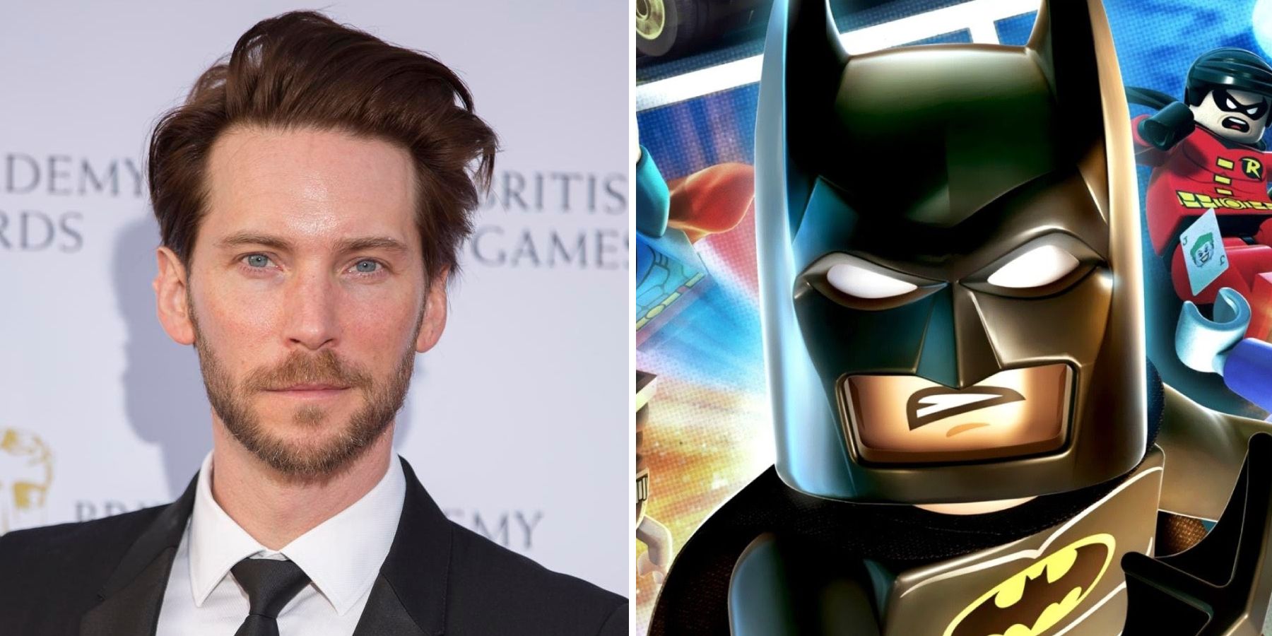 A split image of Troy Baker and the Lego Batman he voices in Lego Batman: The Movie – DC Super Heroes Unite