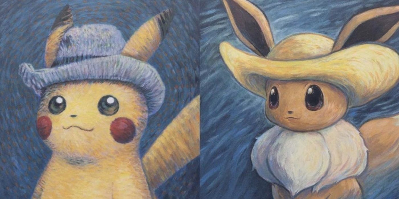 Pikachu and Eevee drawn in the style of Van Gogh for official Pokemon artwork