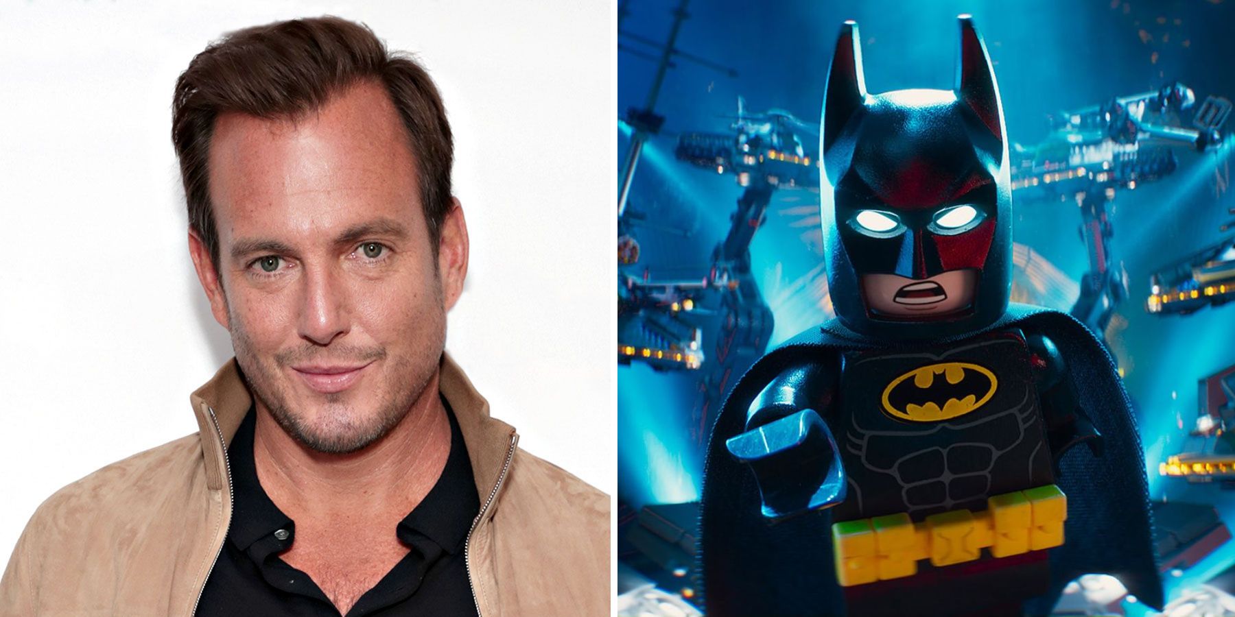 A split image of Will Arnett and the Lego Batman he voices in The Lego Batman Movie