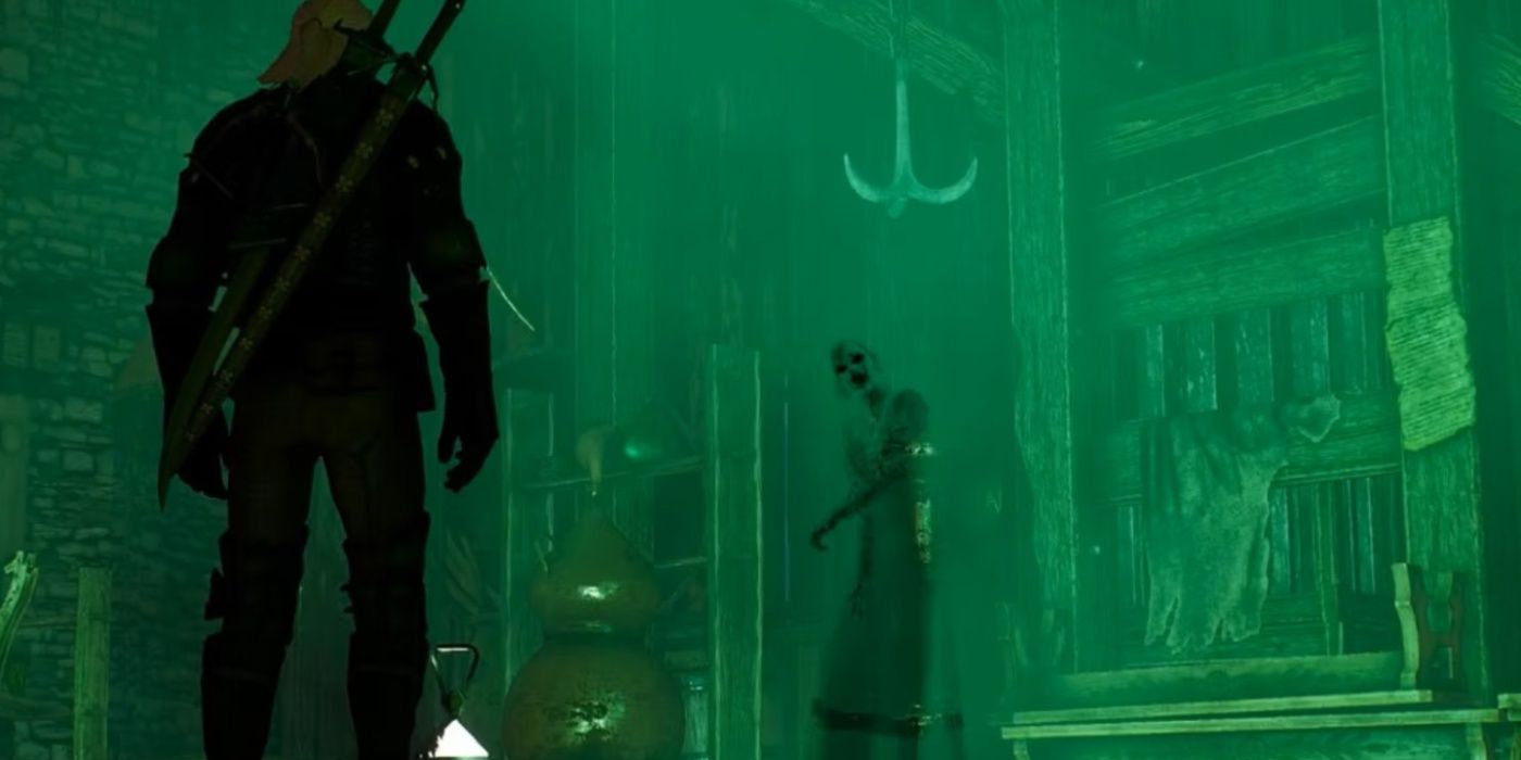 Geralt interagindo com um fantasma que assombra a Ilha Fyke em The Witcher 3.