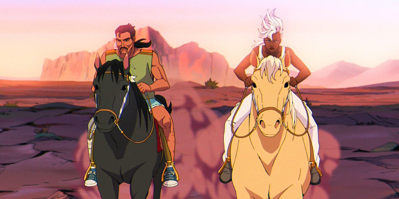 Forge and Storm in casual clothes riding horses together in the desert in X-Men 97