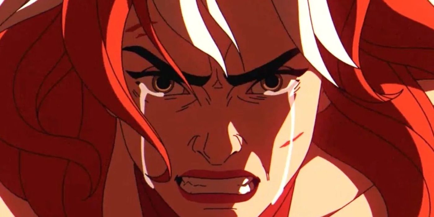 Rogue (voice of actor Lenore Zann) cries in rage after Gambit dies in X-Men '97