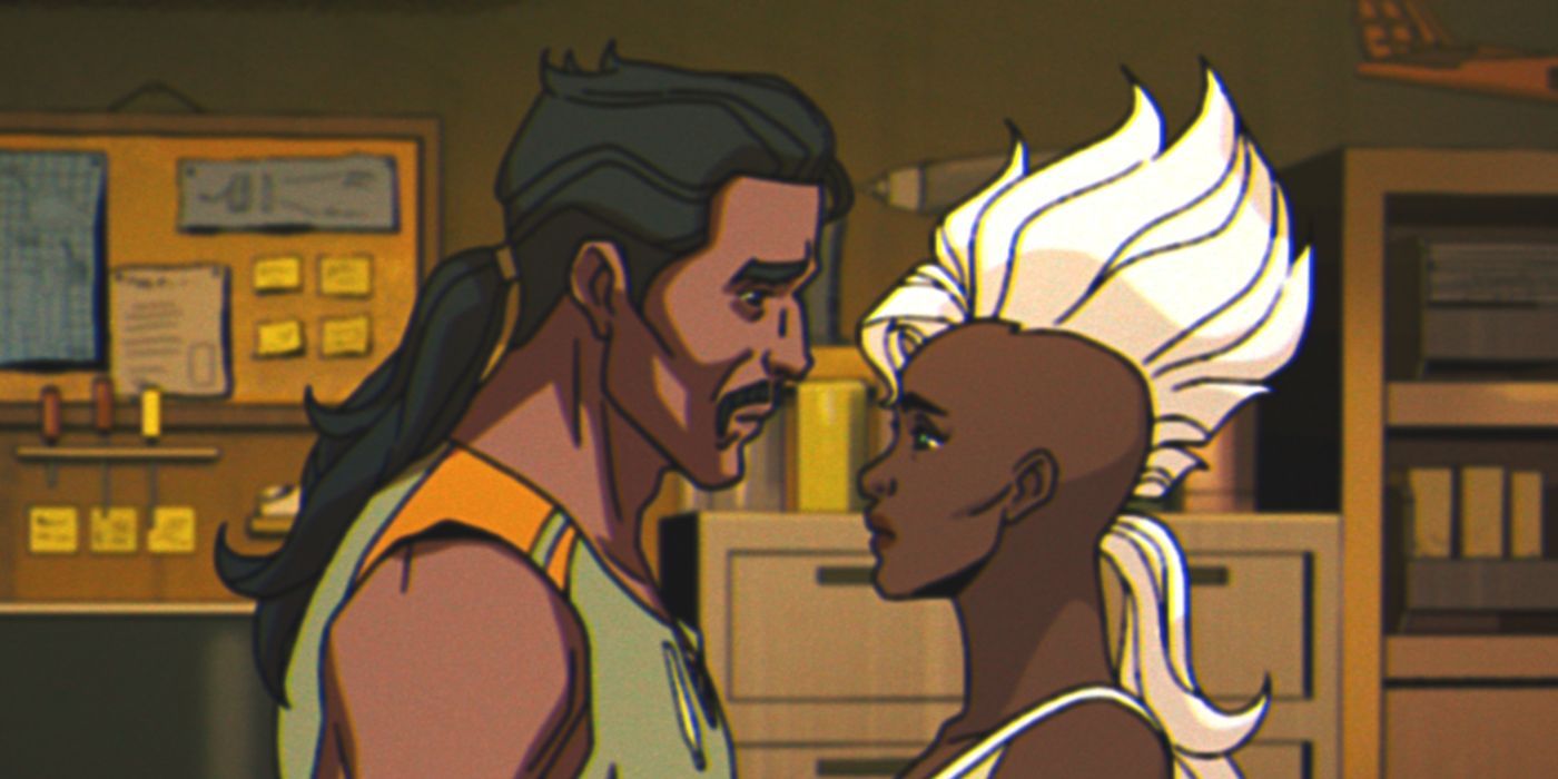Forge in a green top and Storm in white overalls face each other in X-Men '97