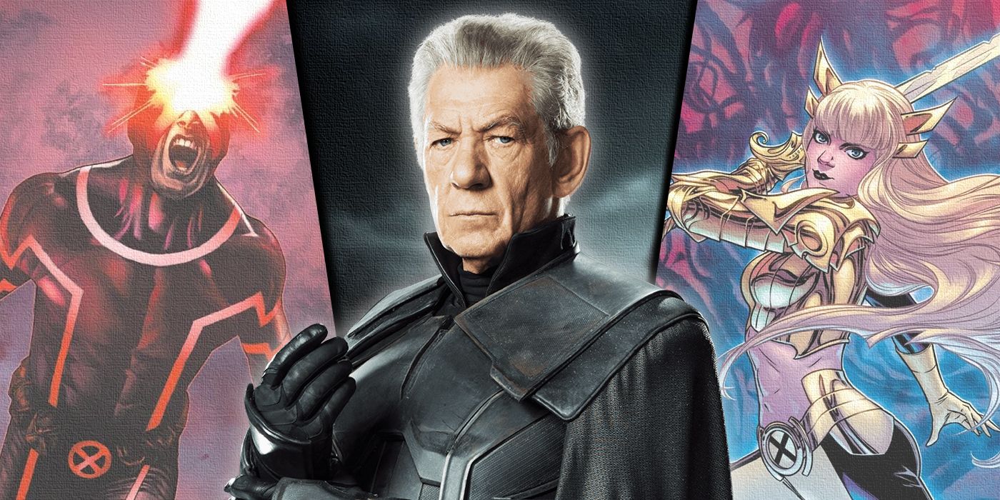 Split image of Ian McKellan as Magneto with Cyclops and Magik from the comics