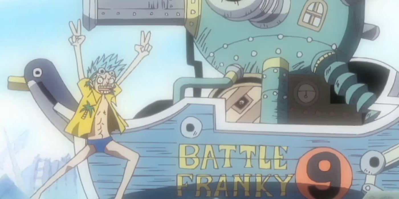 Young Franky posing with Battle Franky 9 in a One Piece flashback