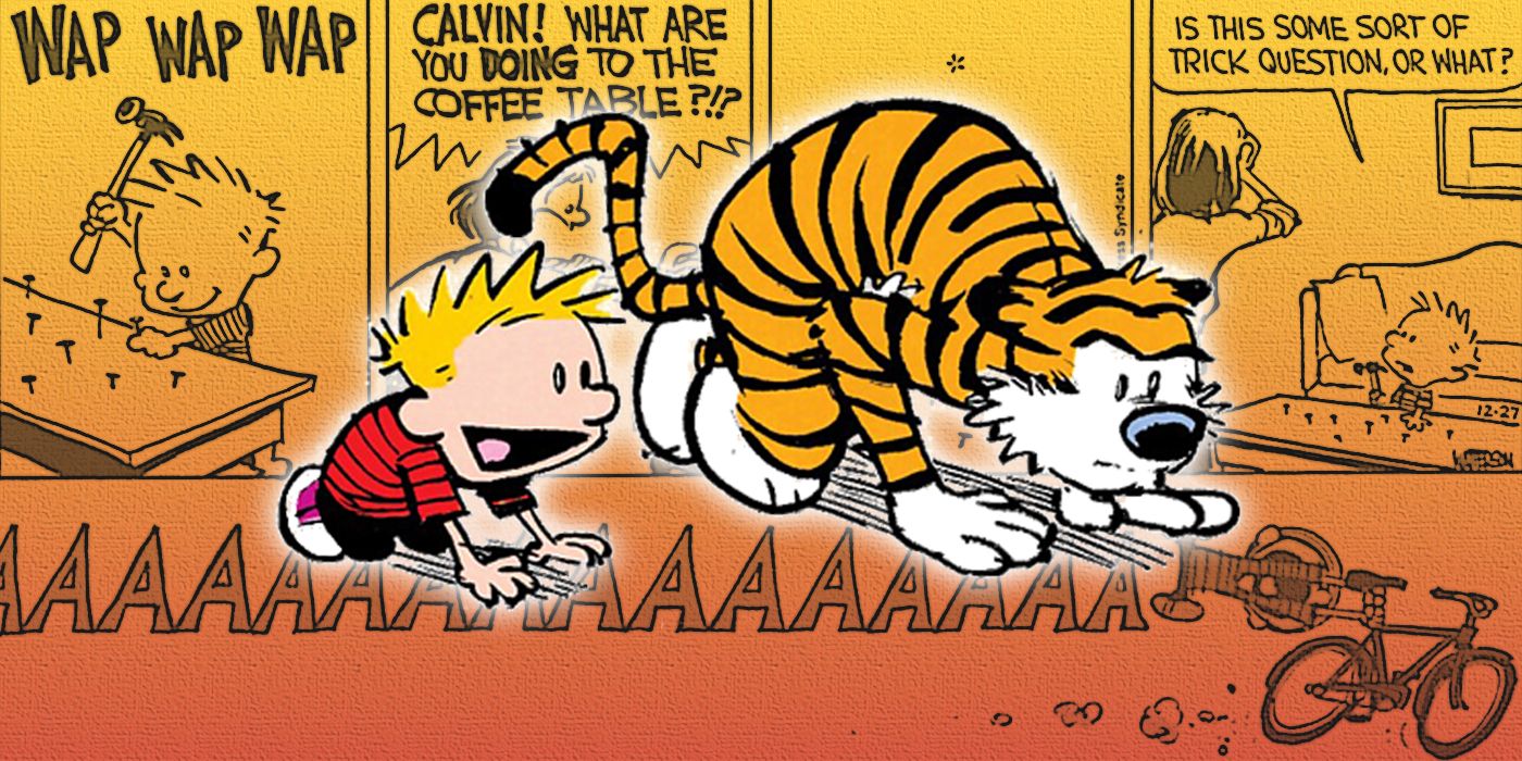 Calvin and Hobbes getting ready to race with comic strips in the background