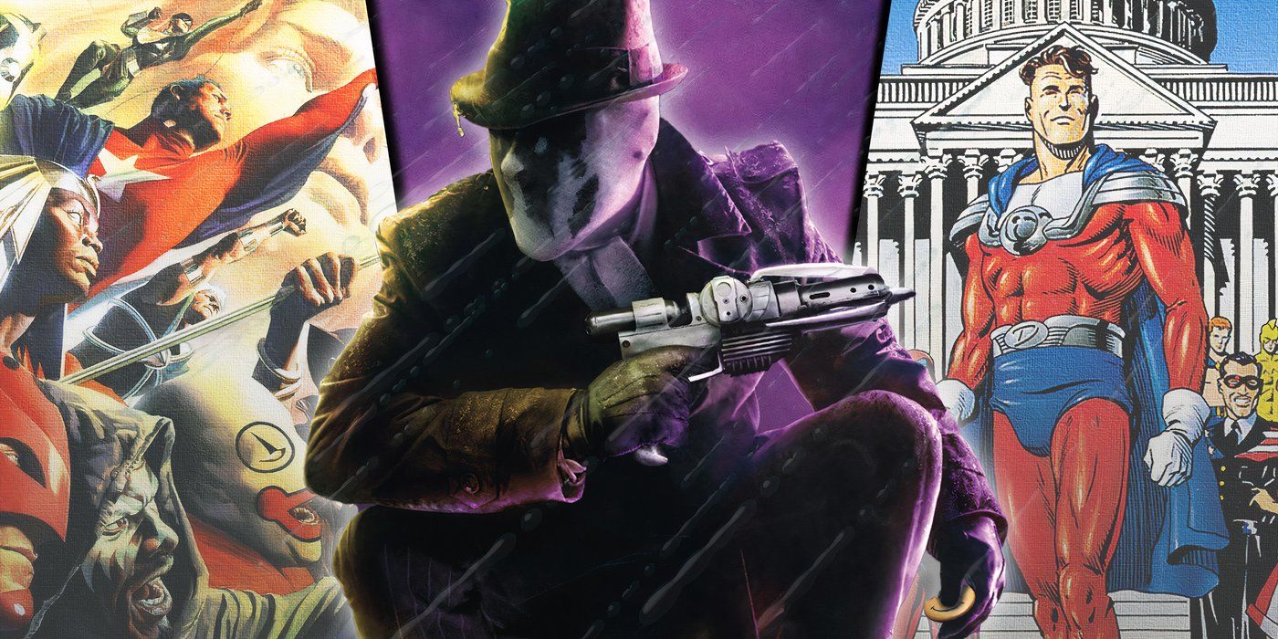 Rorschach from Watchmen with Astro City and JSA: The Golden Age comic covers