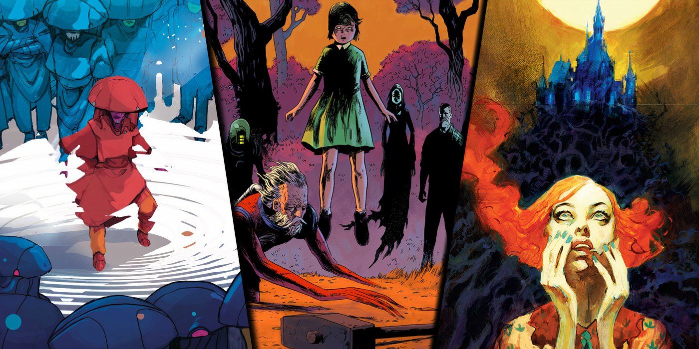Split image of covers for infinite Kingdom, Black Hammer, and Helen Of Wyndhorn from Dark Horse Comics