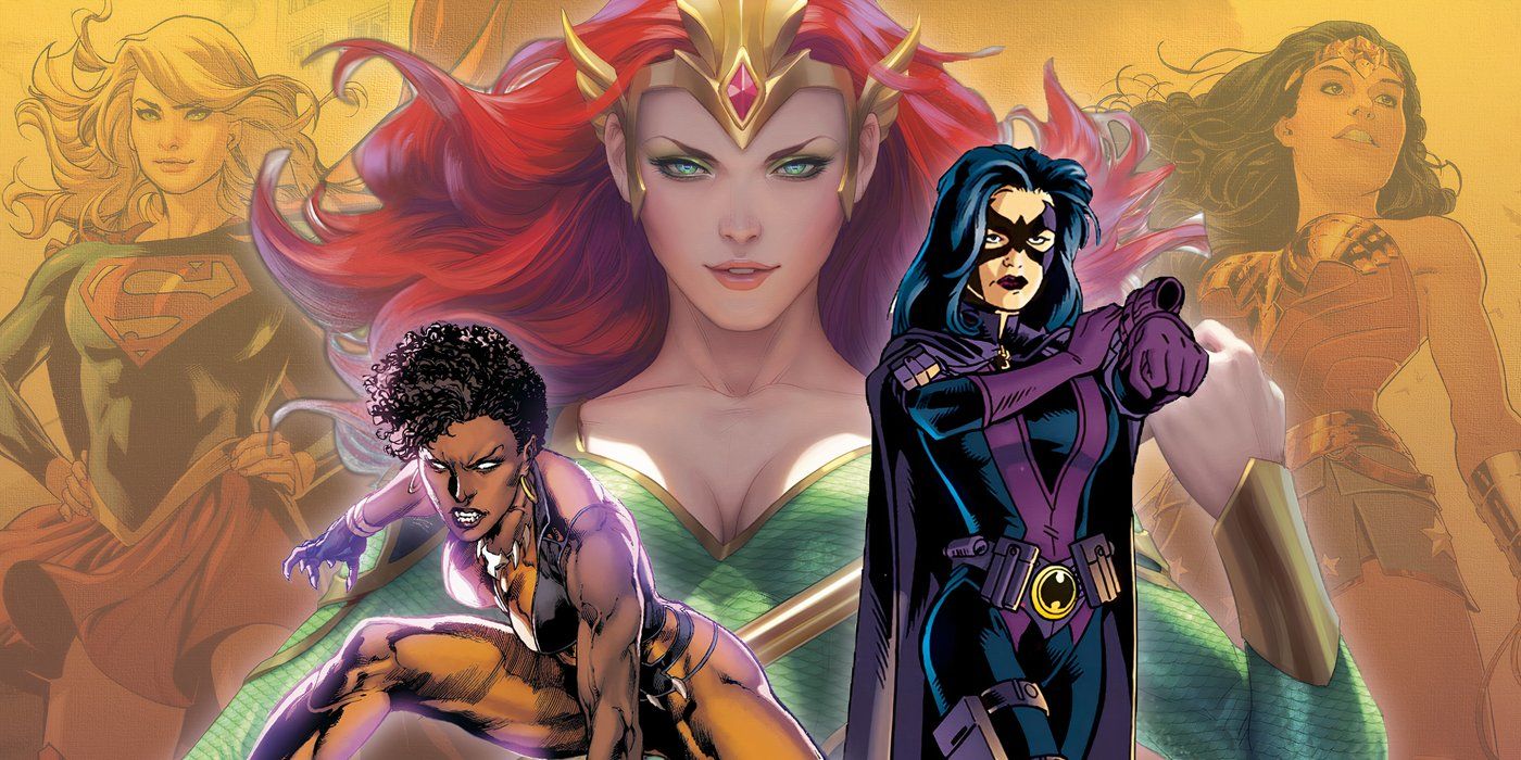Split image of Mera, Vixen and Huntress with Wonder Woman and Supergirl in the background