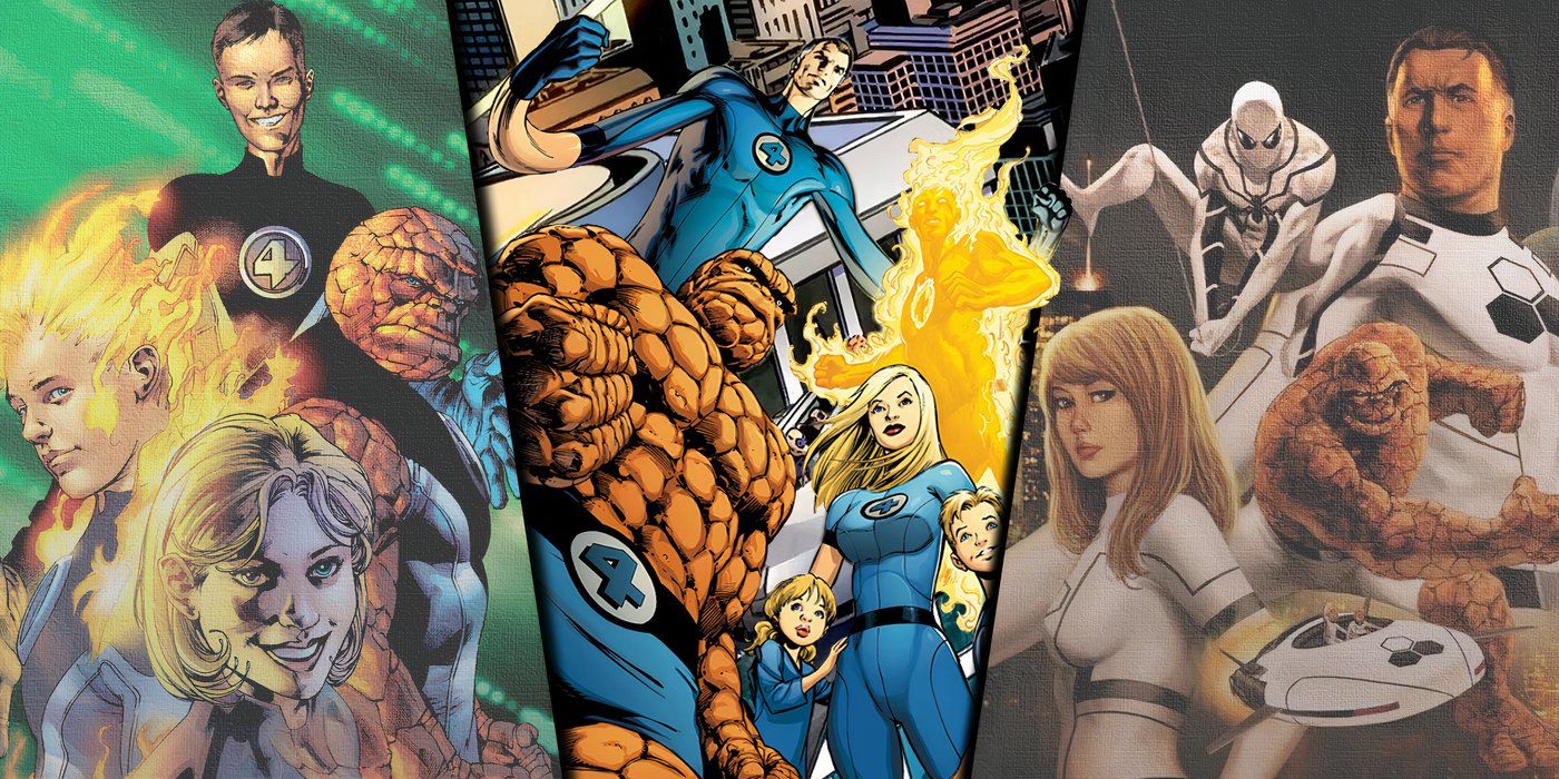 Split image of Ultimate Fantastic Four, Hickman's version, and the Future Foundation from Marvel Comics