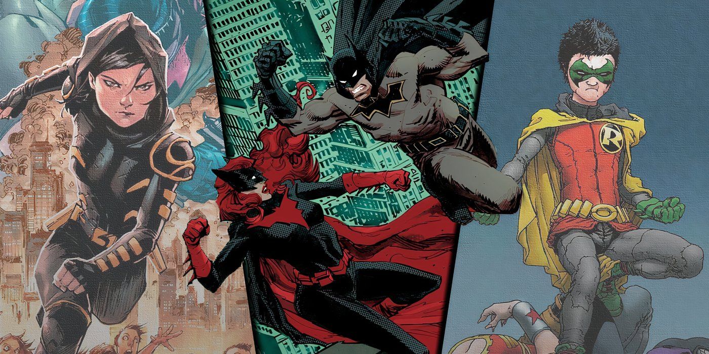 Batman fighting Batwoman with Cassandra Cain and Damian Wayne from DC Comics in the background