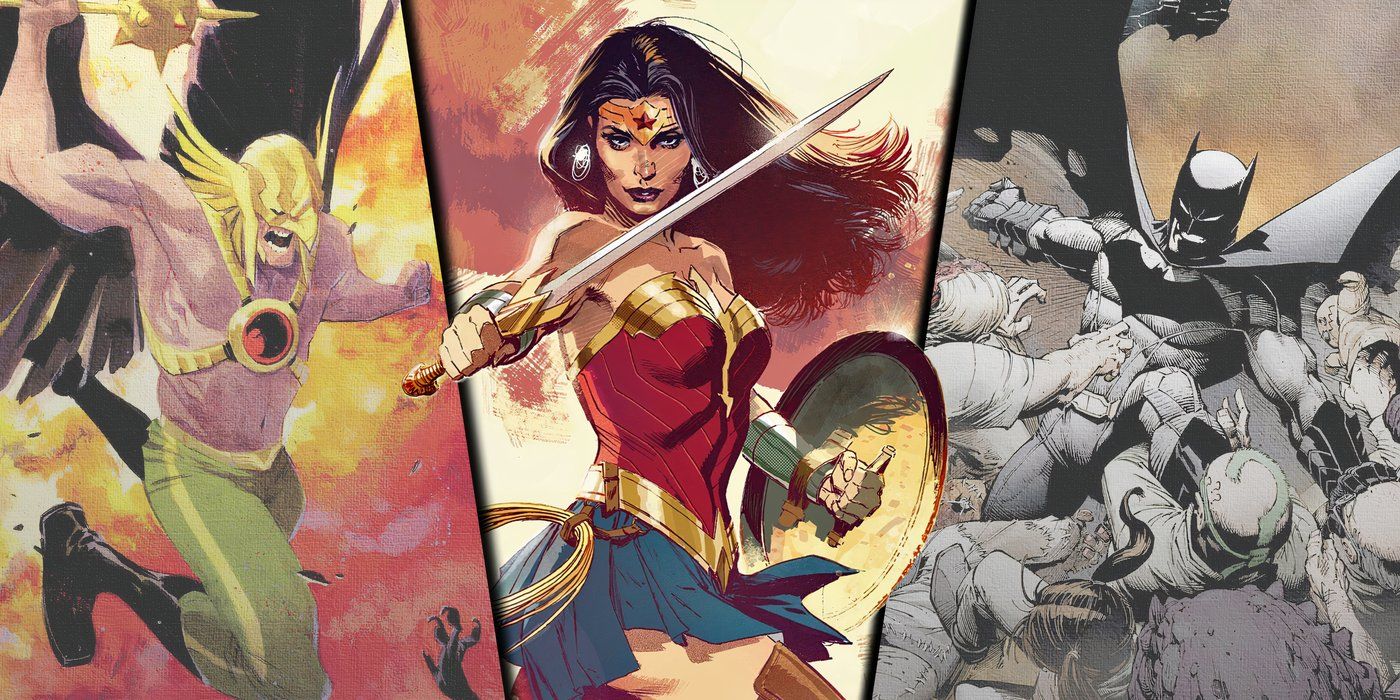 Split image of Hawkman, Wonder Woman, and Batman from DC Comics