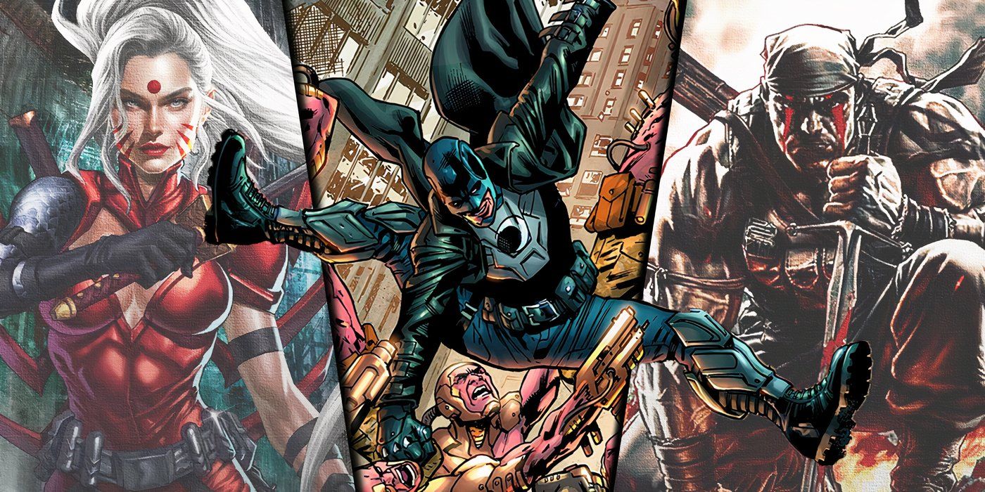 Split image of Zealot, Midnighter and Deathblow from the Wildstorm universe