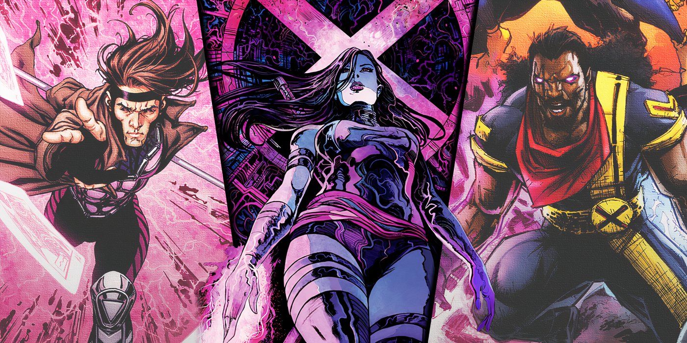 Split image of Gambit, Psylocke and Bishop from The X-Men comics