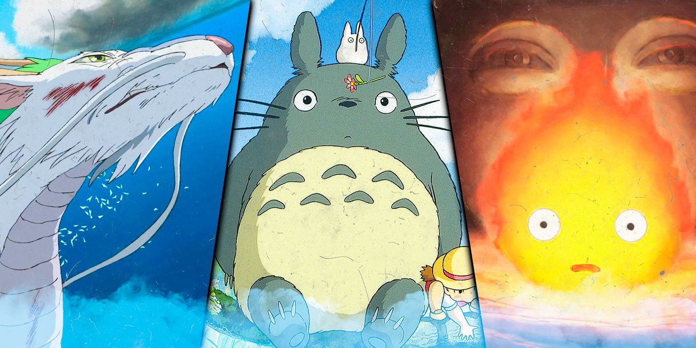 Split image of Ghibli characters with Totoro (center), Haku as a dragon (left), and Calcifer (right).
