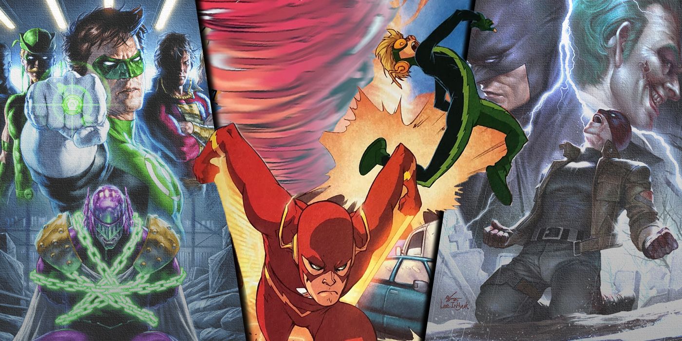 Split image of Justice League: Cry for Jstice, Flash fighting Inertia, and Batman: under the Hood covers.