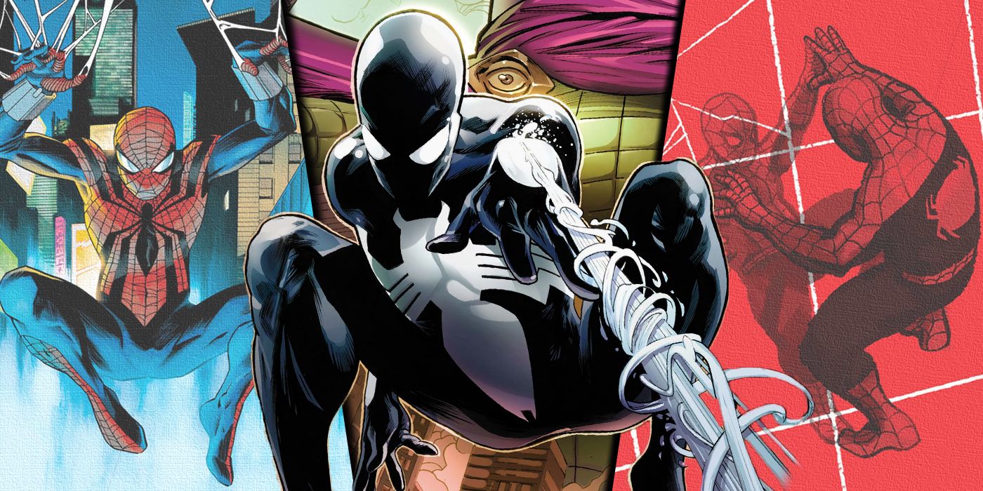 Symbiote Spider-Man swinging at the reader beside Ben Reilly and Life Story Spider-Man