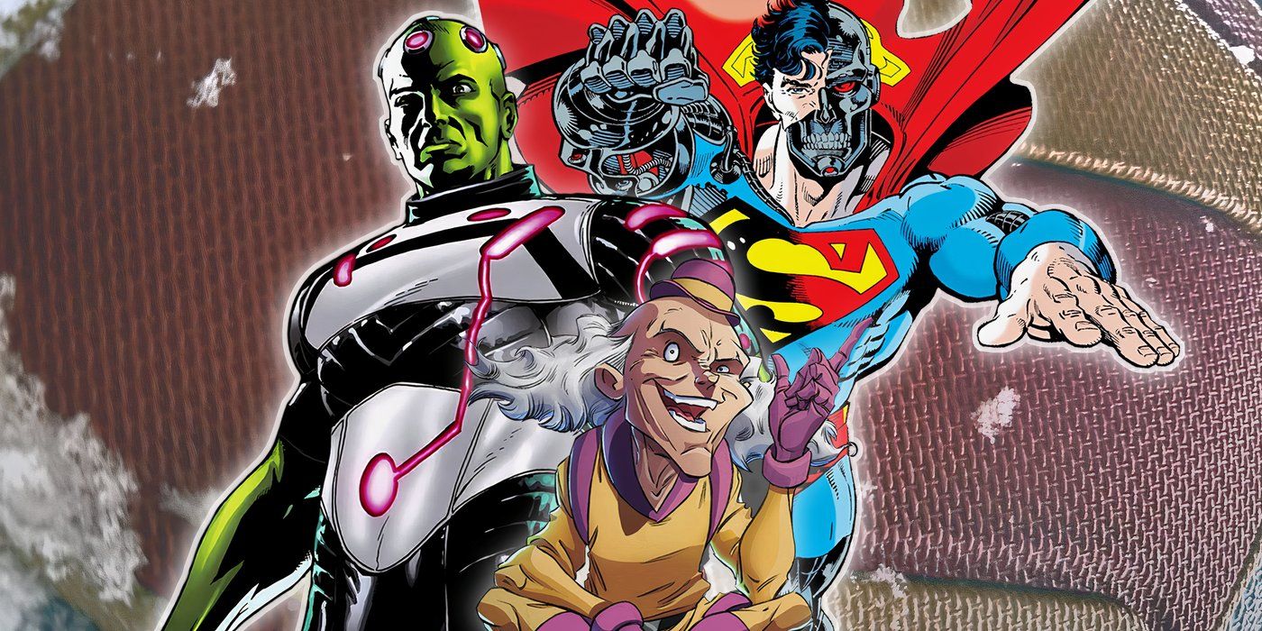 Brainiac, Cyborg Superman and Mr. Mxyzptlk from DC Comics with Superman's DCU logo in the background