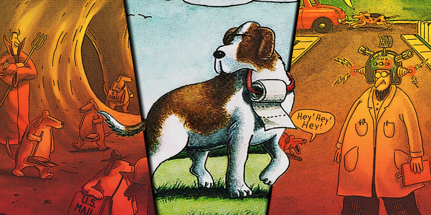 Split image of The Far Side comic strips featuring dogs by Gary Larson