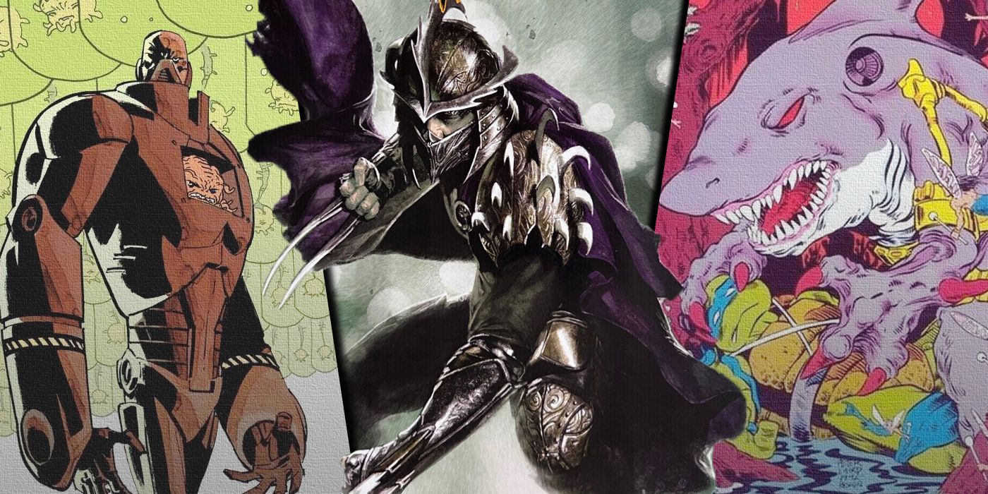 Split image of Shredder, Krang and Armaggon from TMNT comics