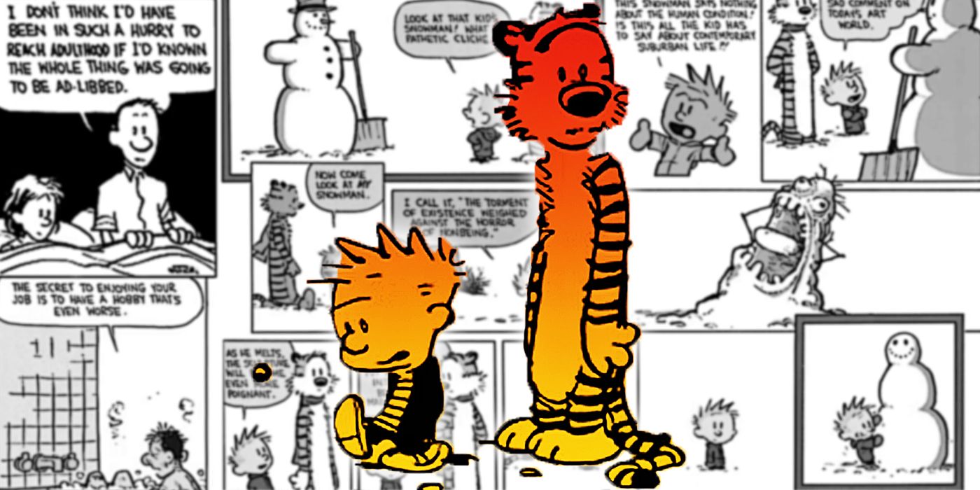 Calvin and Hobbes with comic strips in the background