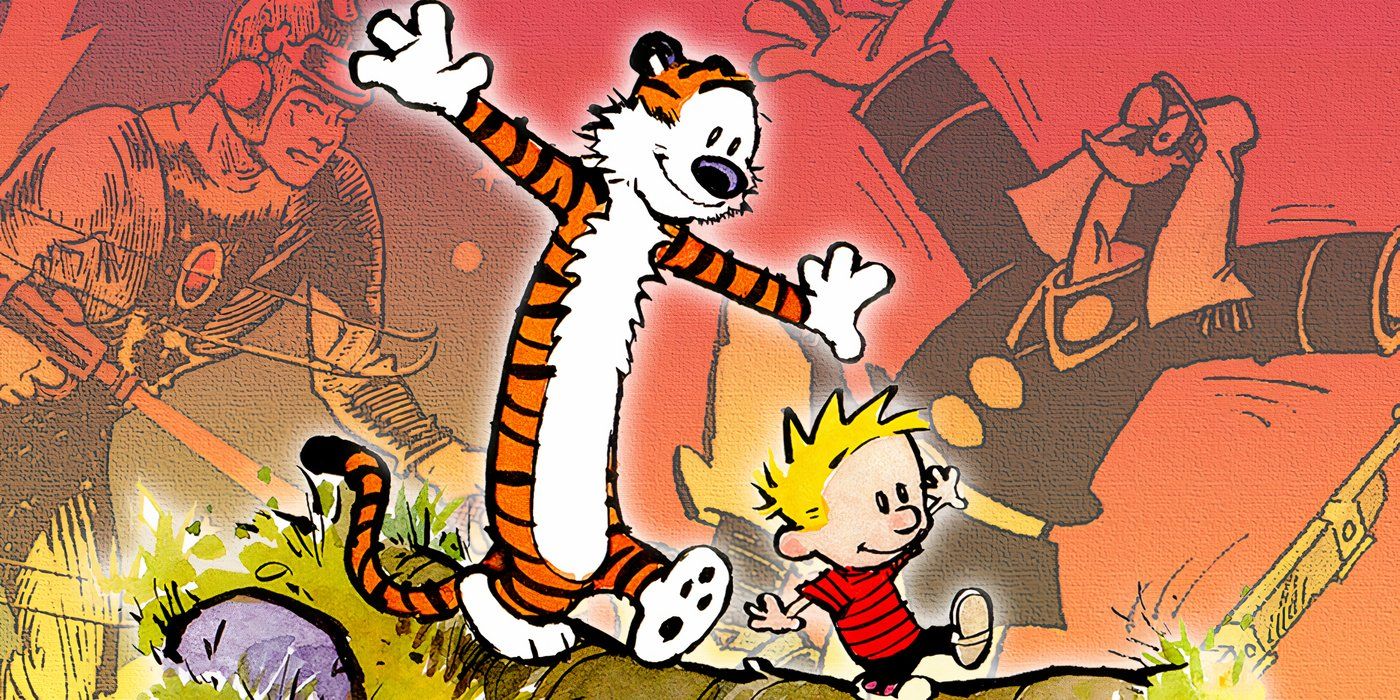 Calvin and Hobbes with Buck Rogers and Beau Peep from canceled comic strips in the background