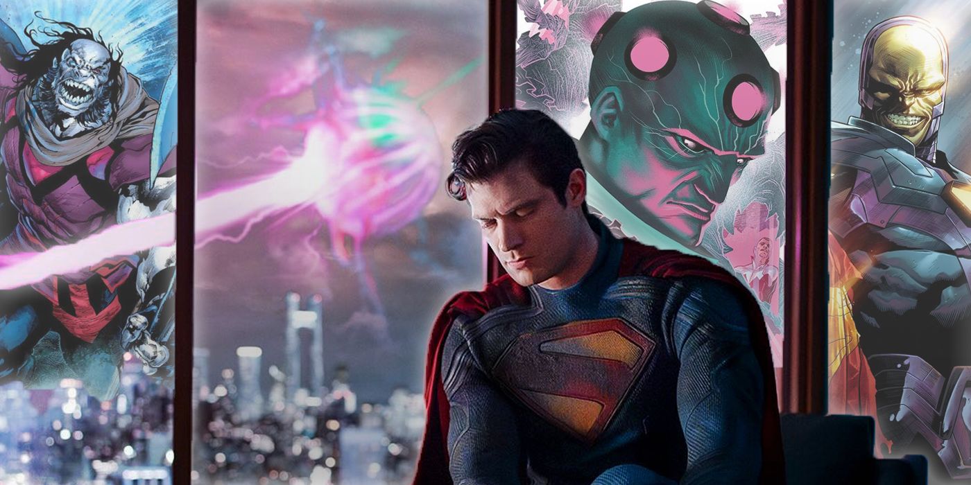 David Corenswet as Superman with Rogol Zaar, Brainiac and Mongul in the background