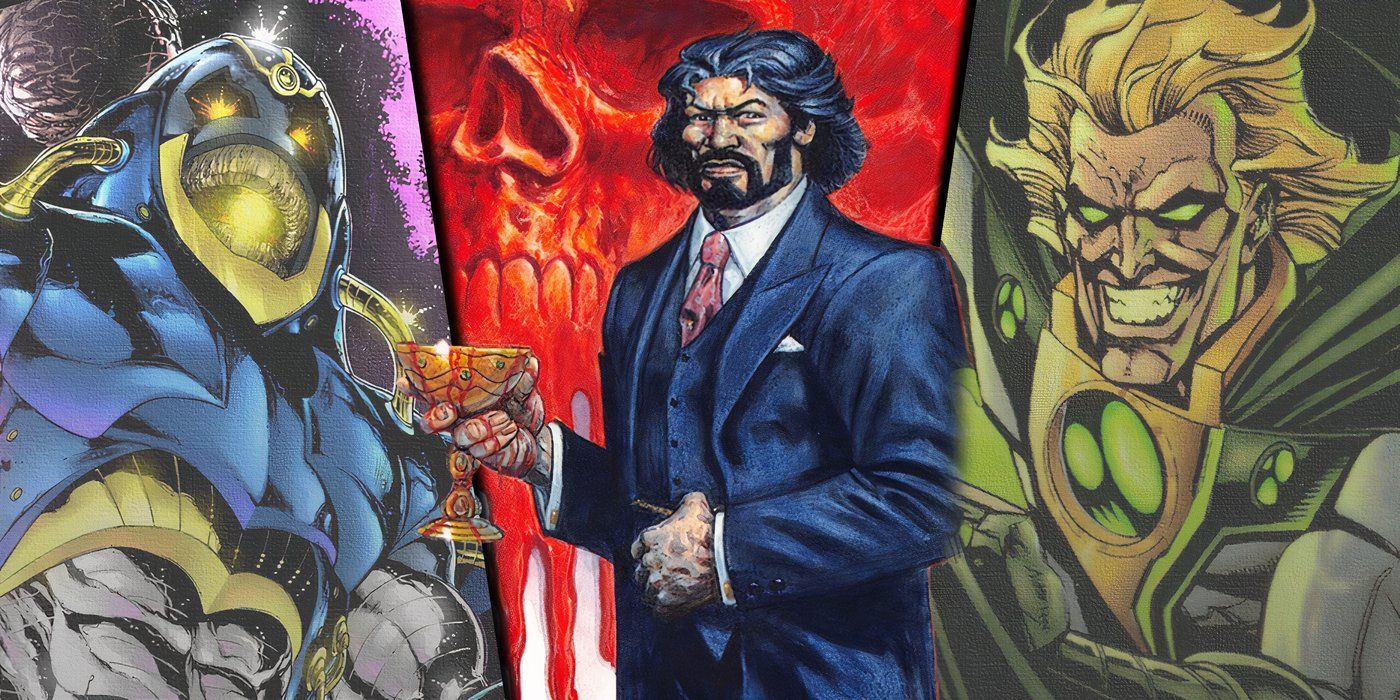 Split image of the Anti-Monitor, Vandal Savage, and Neron from DC Comics