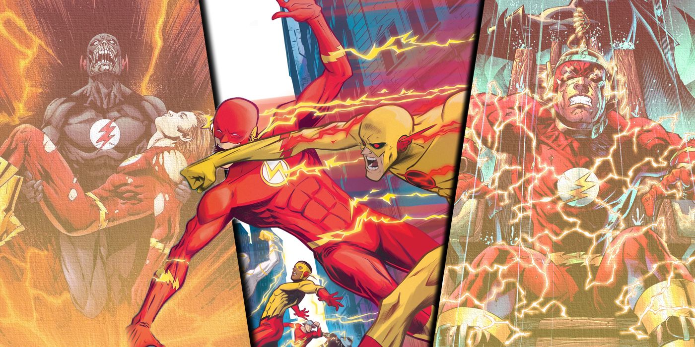 Reverse-Flash punching Flash with Flash getting electrocuted and Black Flash carrying Flash from DC Comics