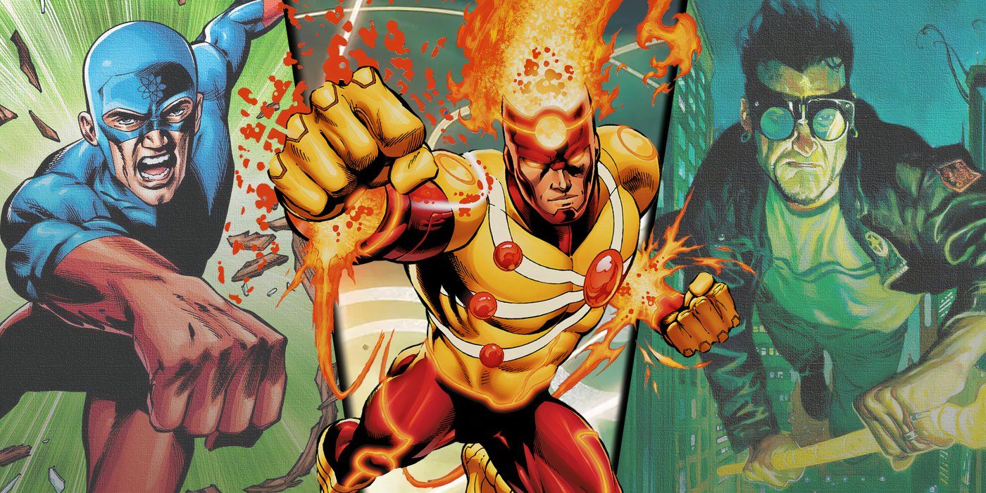 Split image of The Atom, Firestorm and Jack Knight/Starman from DC Comics