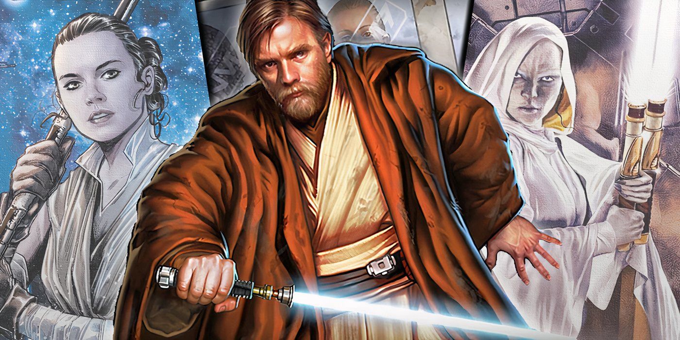 Split image of Obi-Wan Kenobi with Rey Skywalker and Orla Jareni from Star Wars comics
