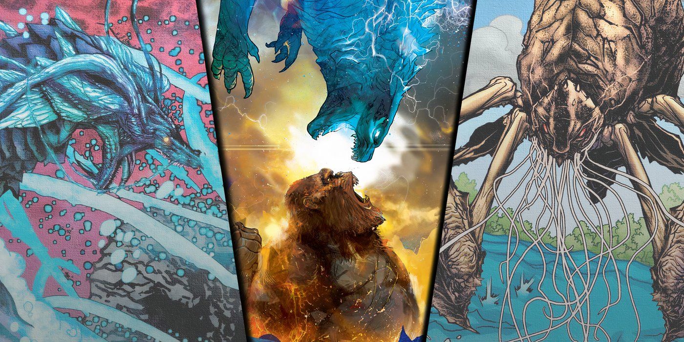 Split image of Tiamat, Godzilla vs. Kong, and Scylla from the MonsterVerse comics
