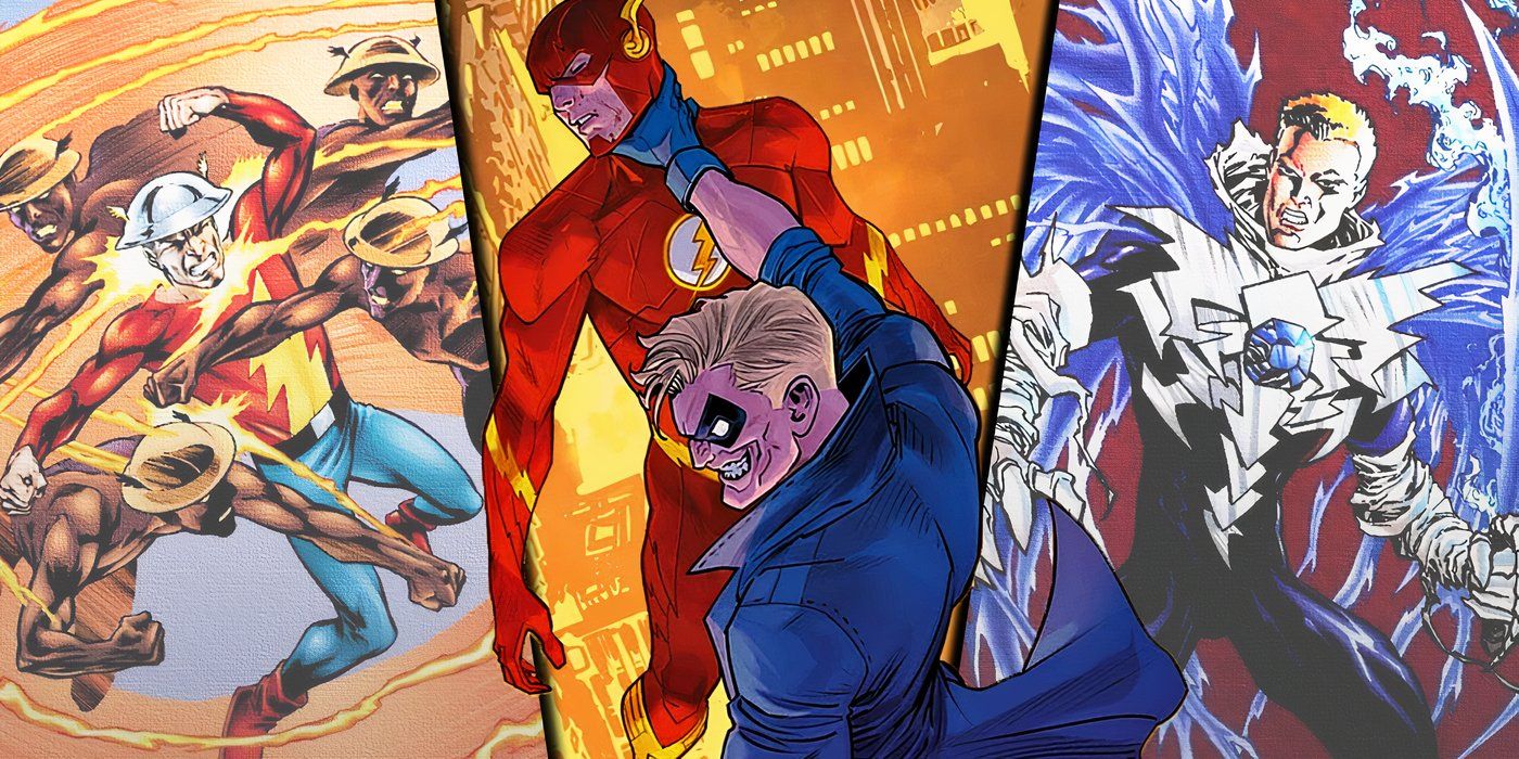 Split image of Trickster fighting Flash, Rival fighting Jay Garrick and Cobalt Blue holding his sword