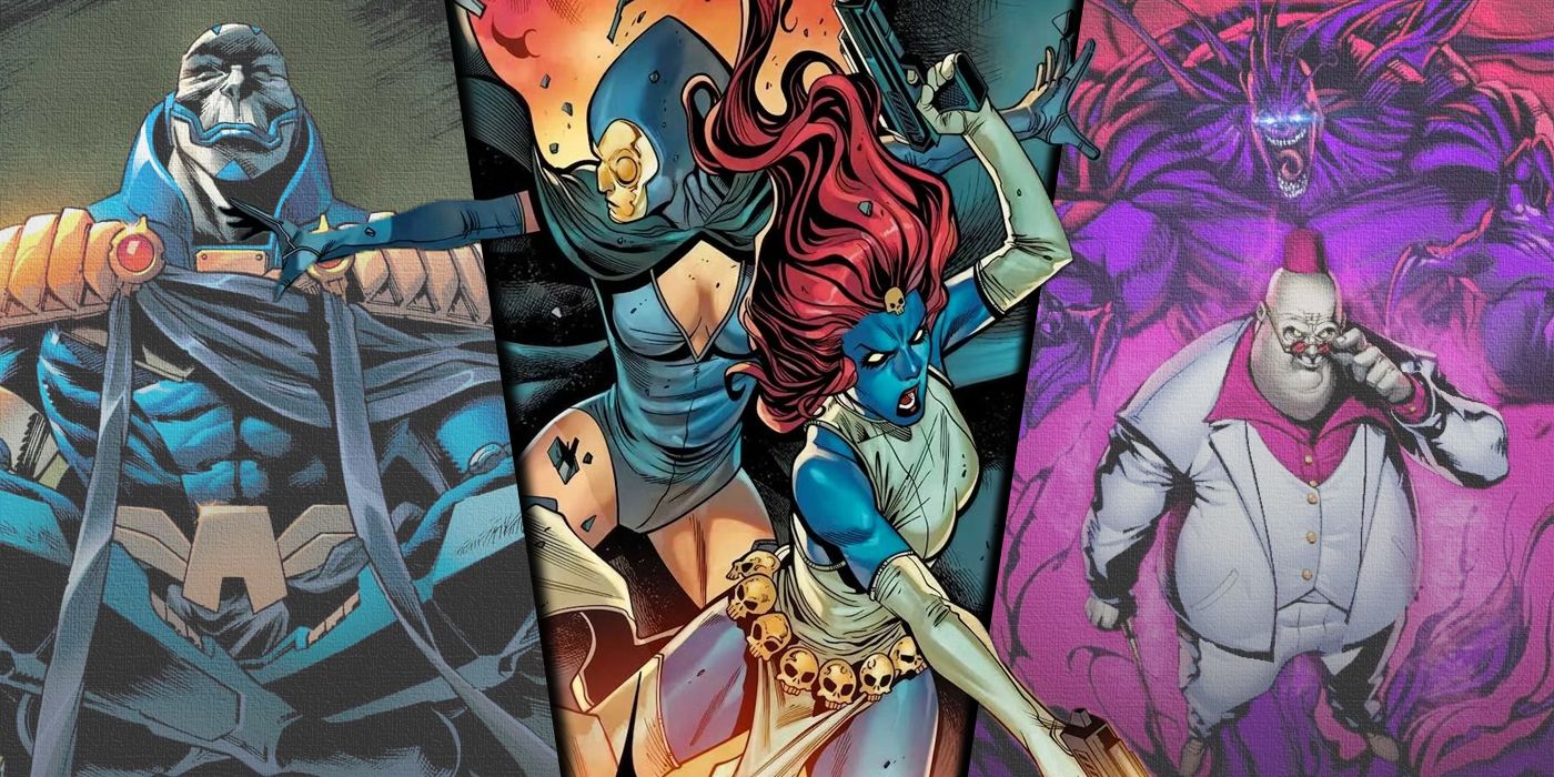 Mystique and Destiny in battle with Apocalypse and Shadow King in the background from X-Men comics