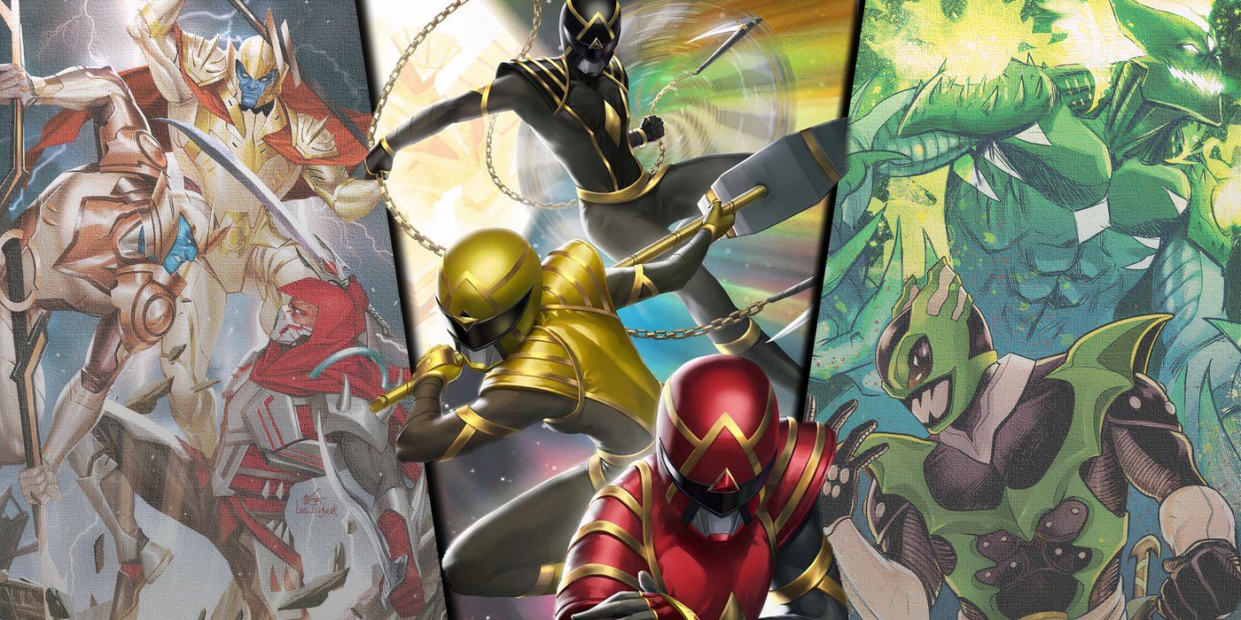 Split image of Eltarian soldiers, the Omega Rangers, and Psycho Green from Power Rangers comics