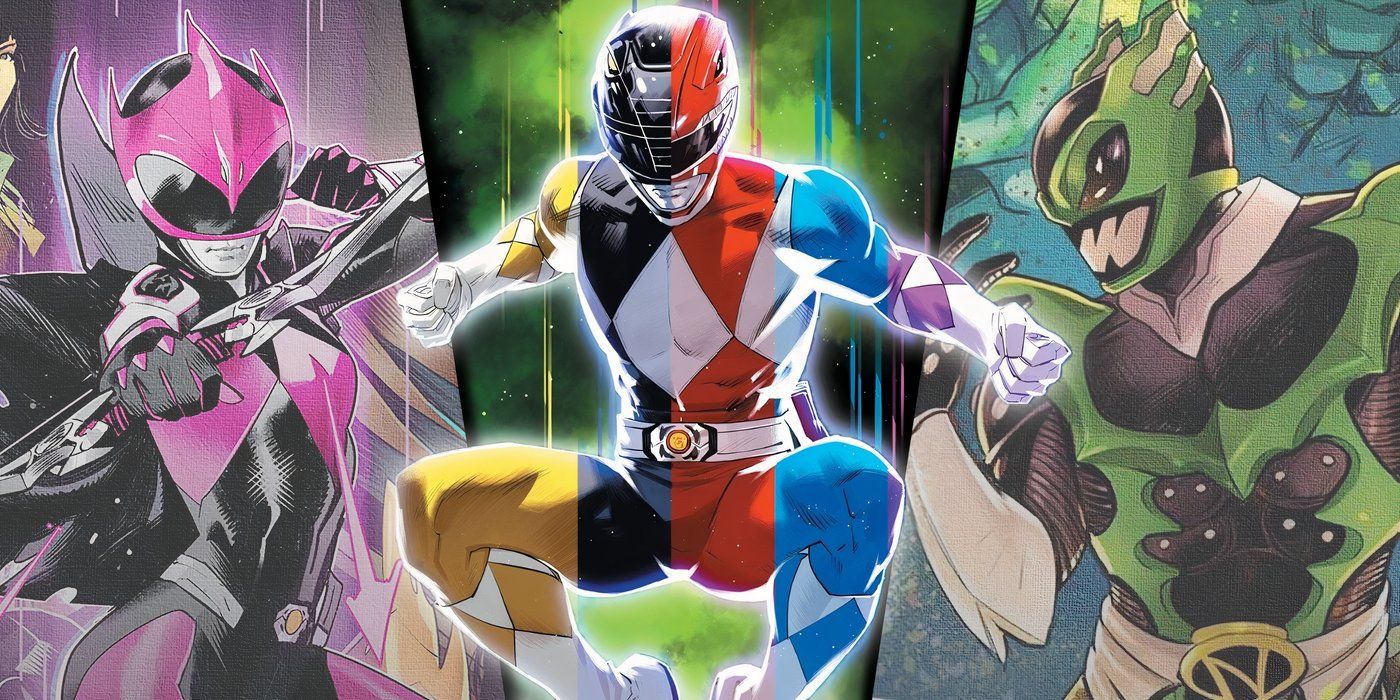 Split image of a merged Power Ranger with Ranger Slayer and Psycho Green