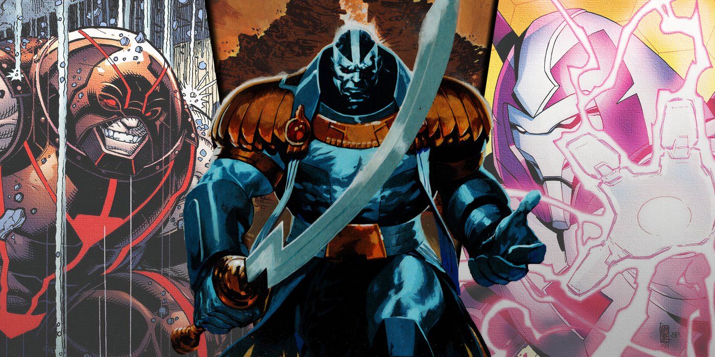 The split image shows Juggernaut, Apocalypse and Nimrod from the X-Men comics.