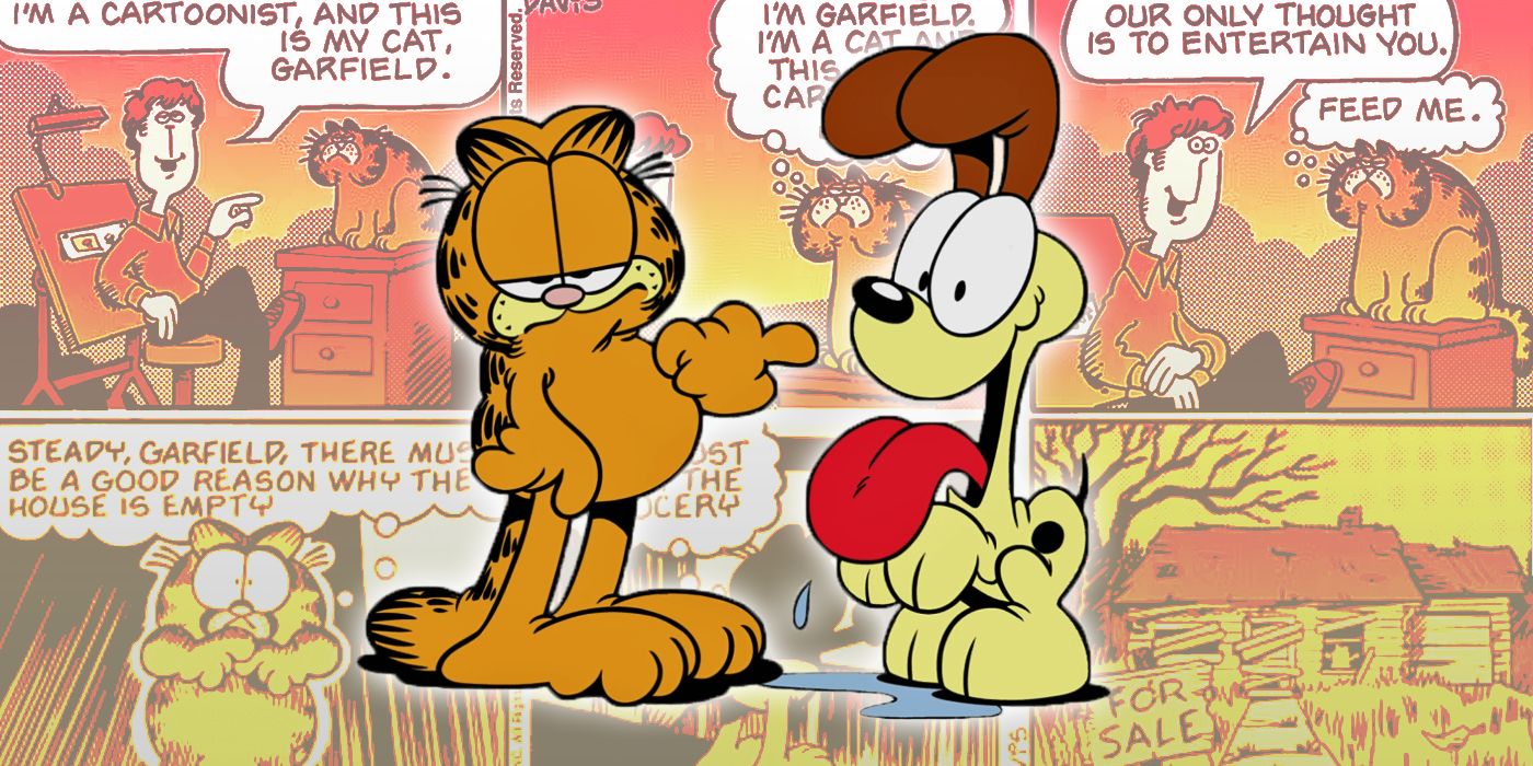 Garfield and Odie with the comic strips in the background