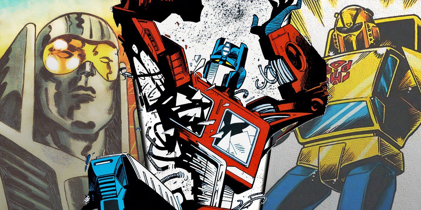 Split image of a Go-Bot with Optimus Prime and Goldbug from Transformers comics