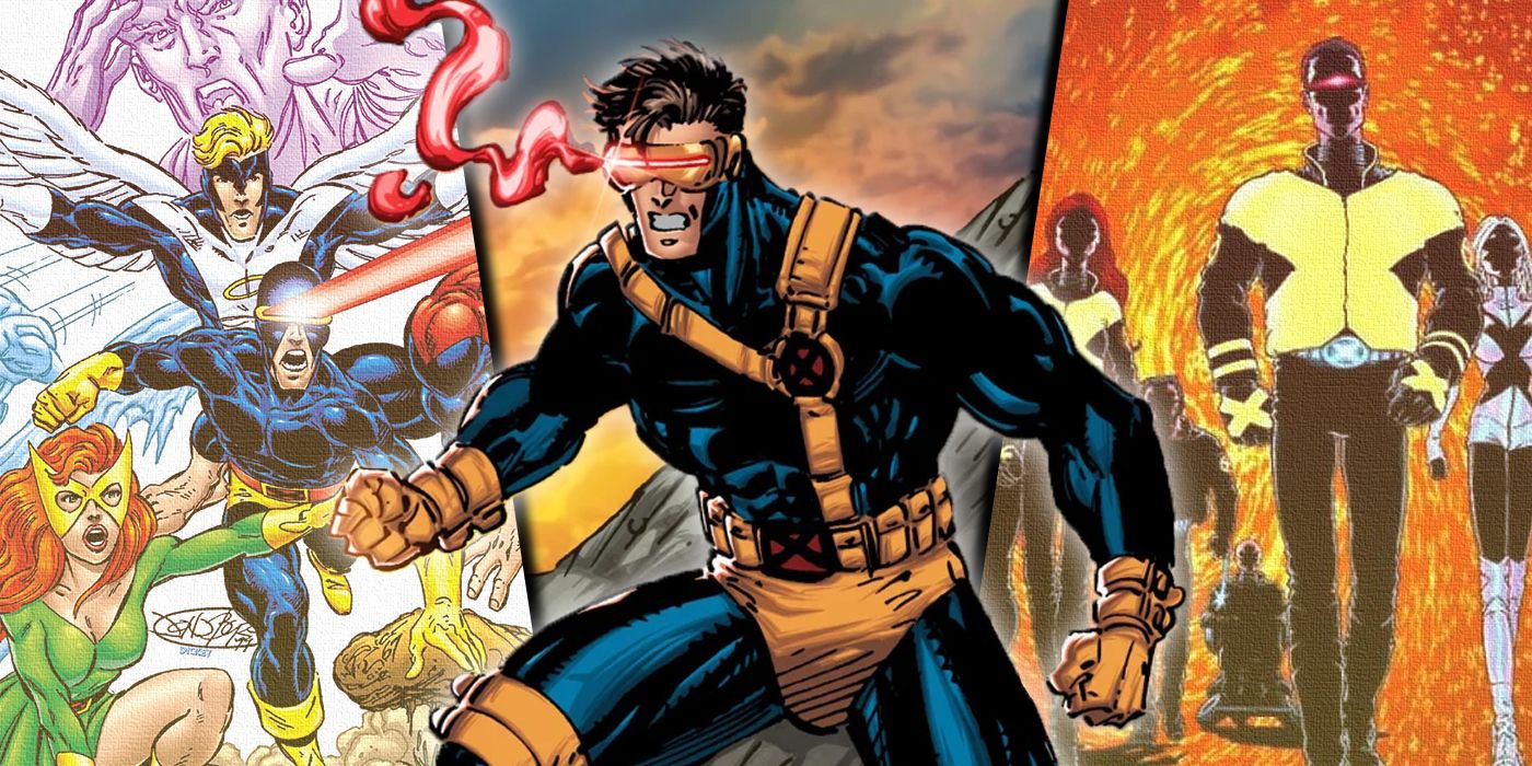 Split image of Cyclops and different eras of the X-Men