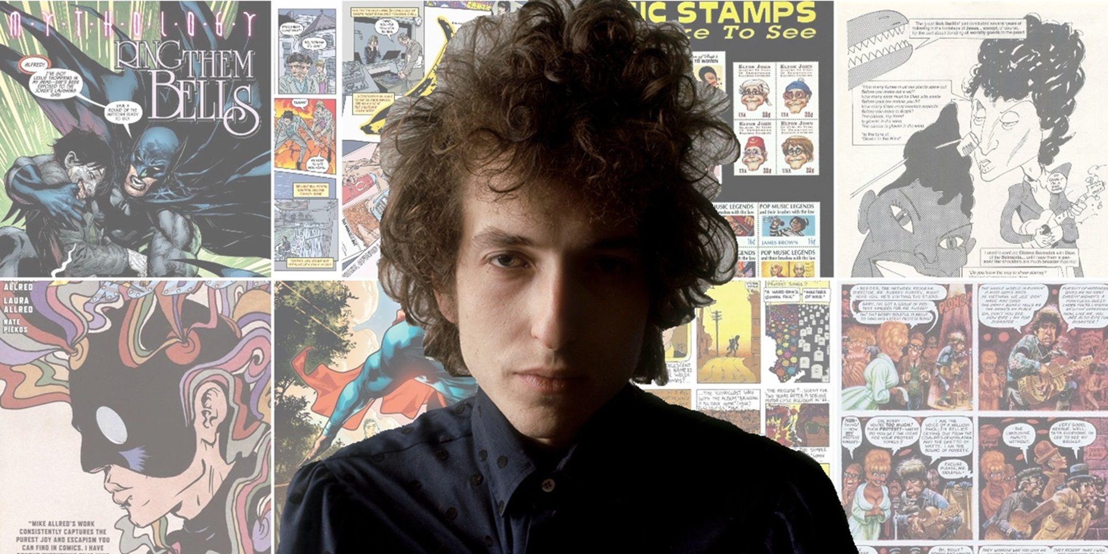 Bob Dylan in front of a number of comic book references