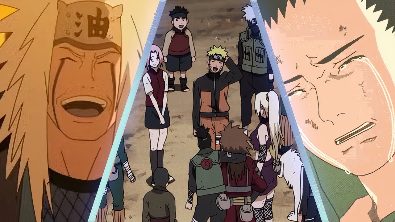 3-way split of Jiraiya Laughing, Naruto being a hero and Shikamaru crying