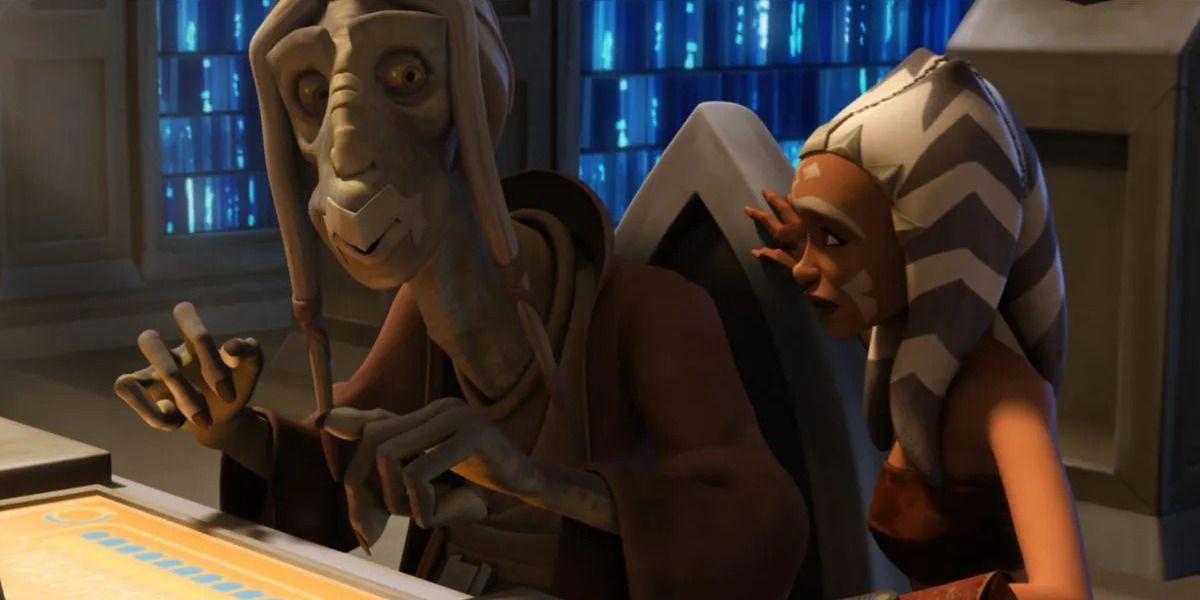 Ahsoka sits with another alien species in The Clone Wars
