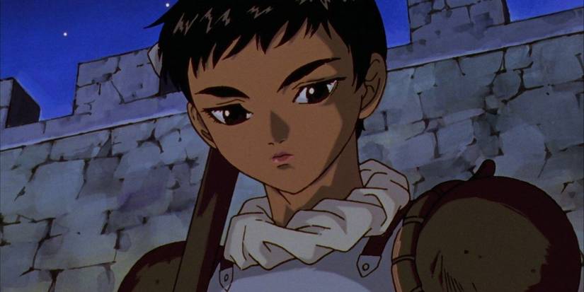 A closeup shows Casca in armor in the anime Berserk.